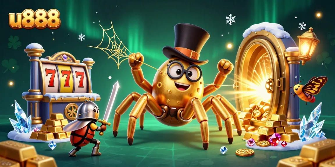 Experience thrilling u888 slots with a 3D golden tarantula in a vibrant casino scene
