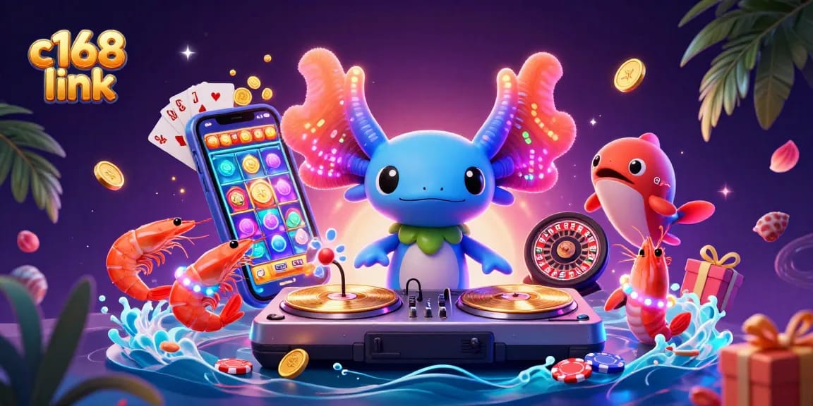 Experience vibrant gaming with c168 link, as neon axolotl DJ spins, maximizing casino excitement.