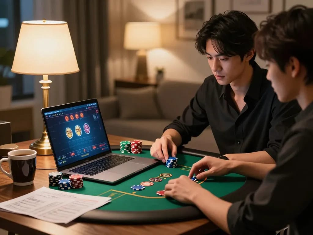 Engaged player enjoying game bài đổi thưởng online with strategy notes and colorful poker chips.