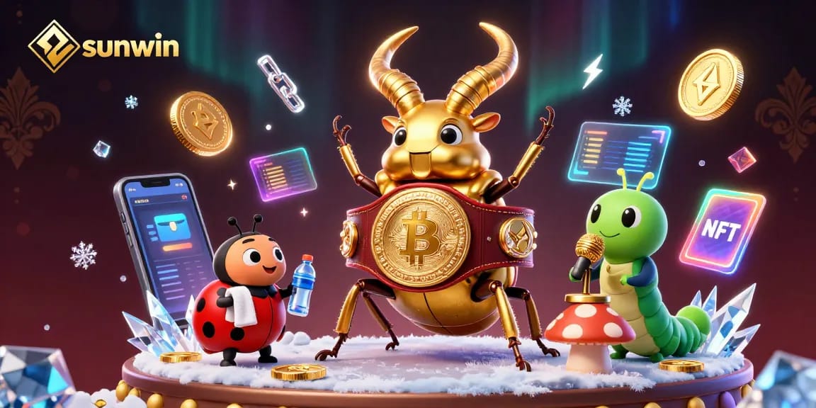 Sunwin showcases a boxing beetle in a casino scene with crypto elements and vibrant colors.