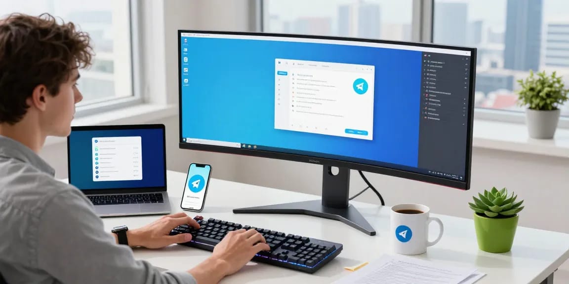 Focused workspace with developer using Telegram下载 on dual screens and modern tech setup.