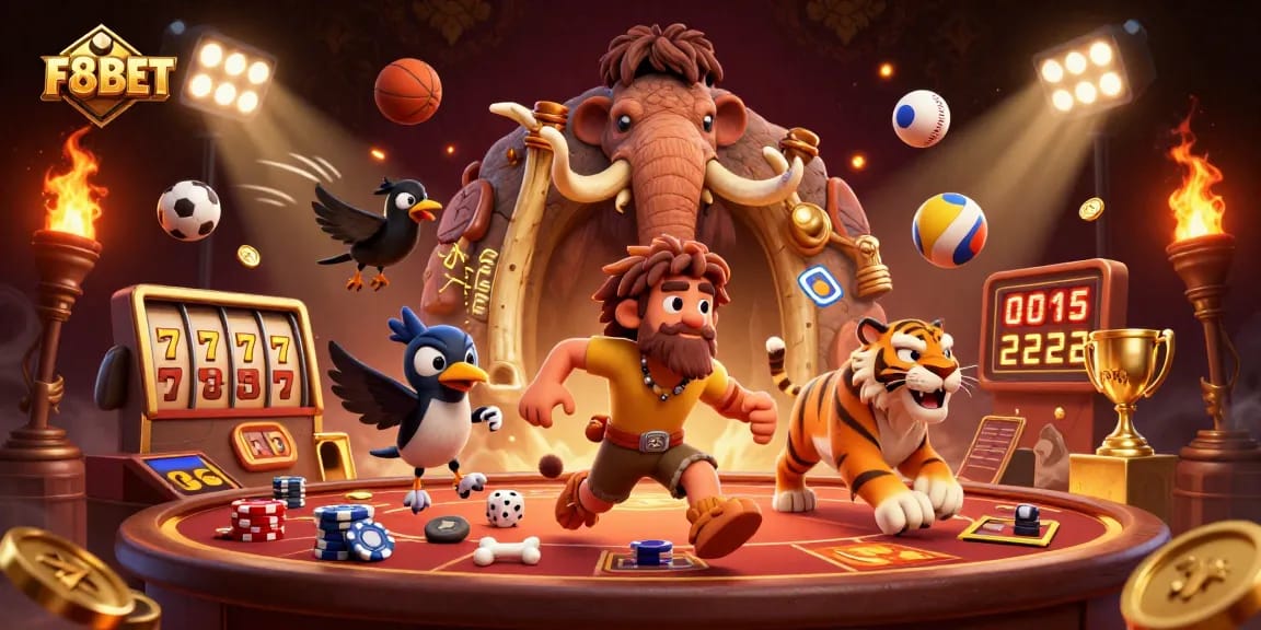 Bet on F8BET with a lively prehistoric casino scene featuring unique characters and dynamic game elements.