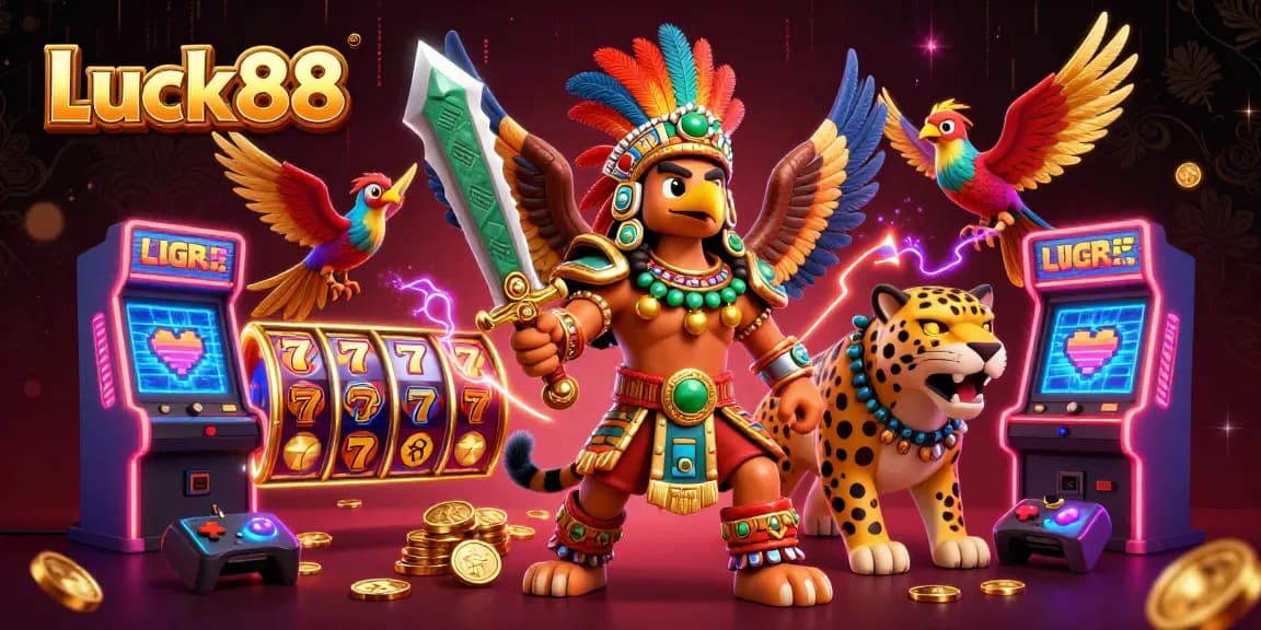 Spin and win with Luck88, showcasing colorful slot reels and vibrant characters in an exciting casino atmosphere.