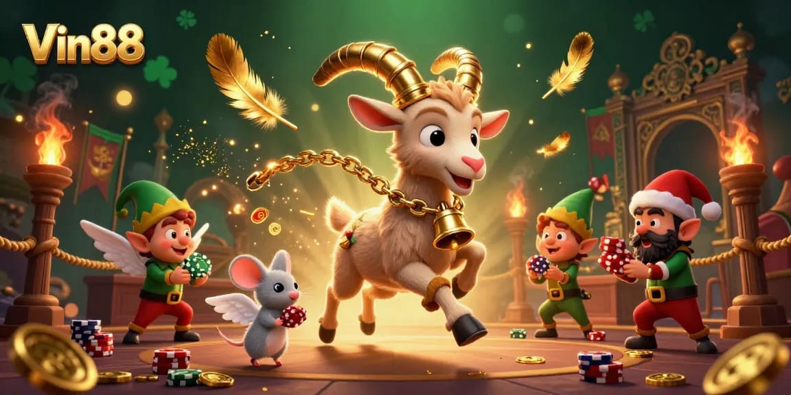 Engage in thrilling gameplay at Vin88 with festive characters and immersive casino elements.