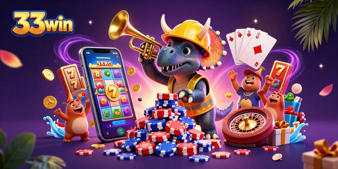 33win's exciting 3D casino scene with vibrant characters and slot game elements.
