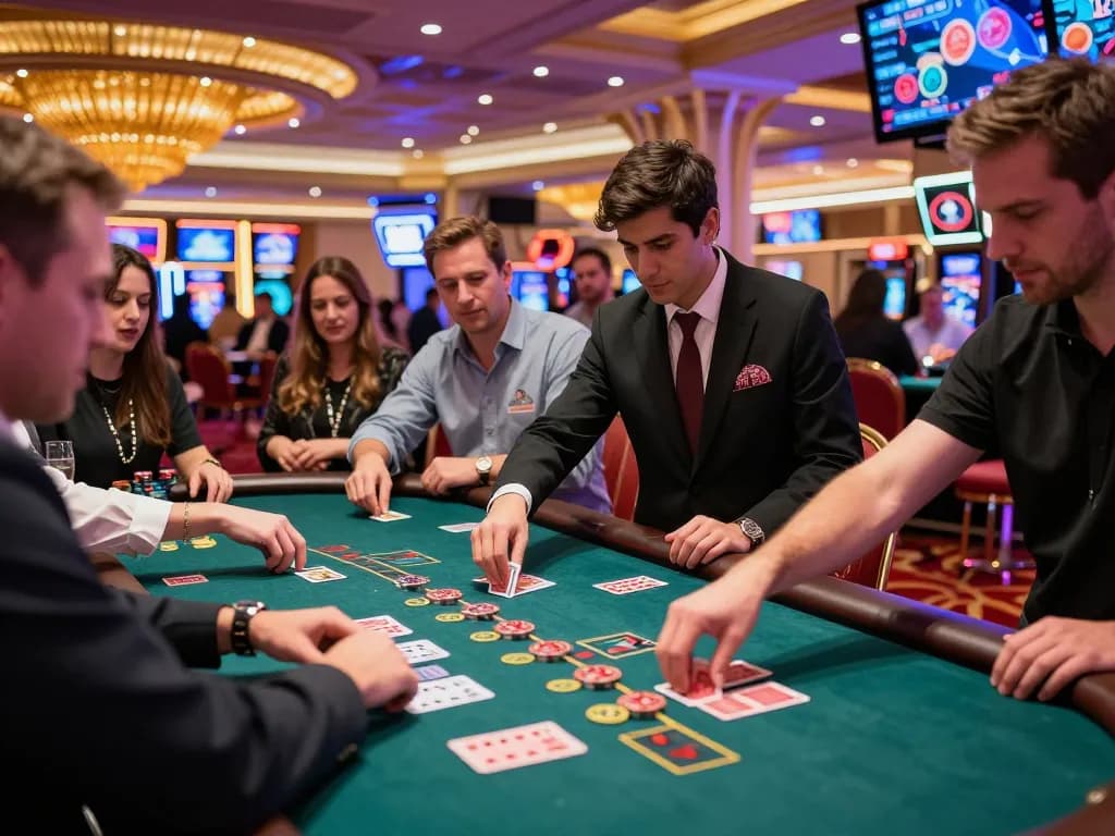 Players engage in a winning blackjack game at sunwingo casino with vibrant atmosphere