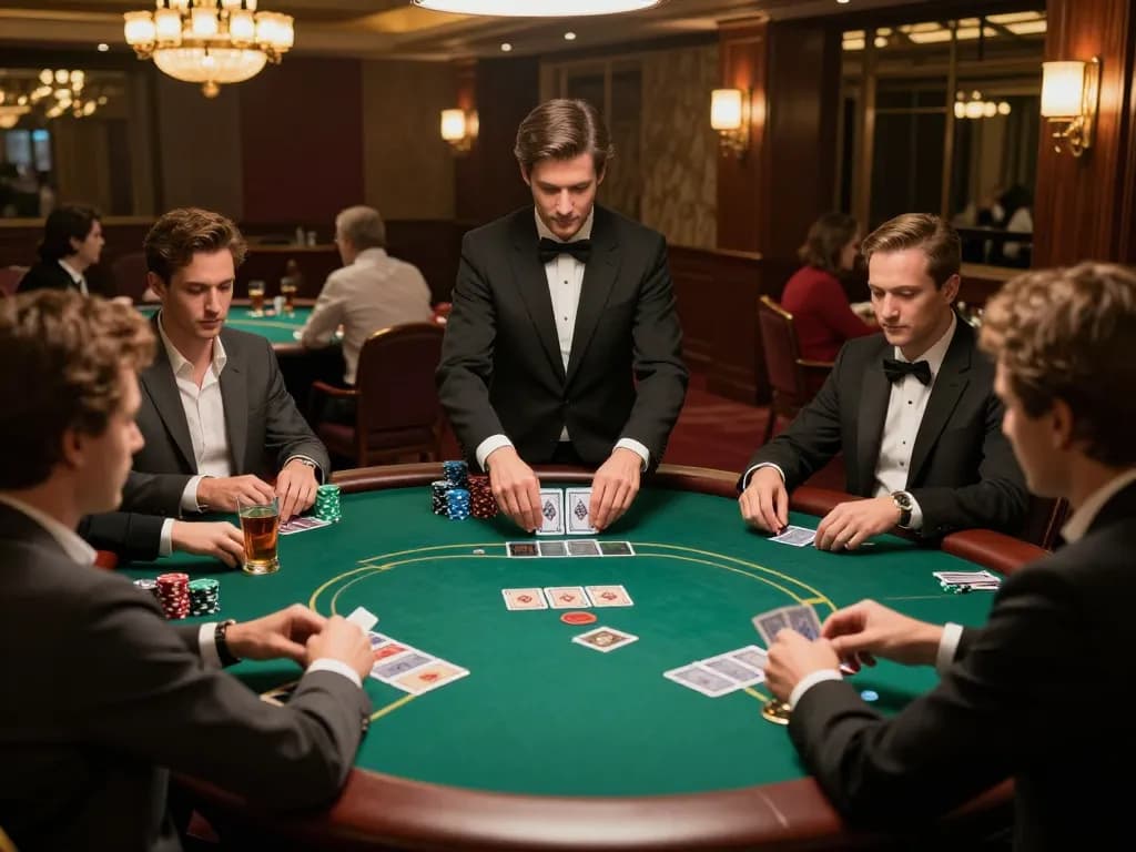 five88a players enjoying high-stakes poker game at an elegant casino table with drinks and chips