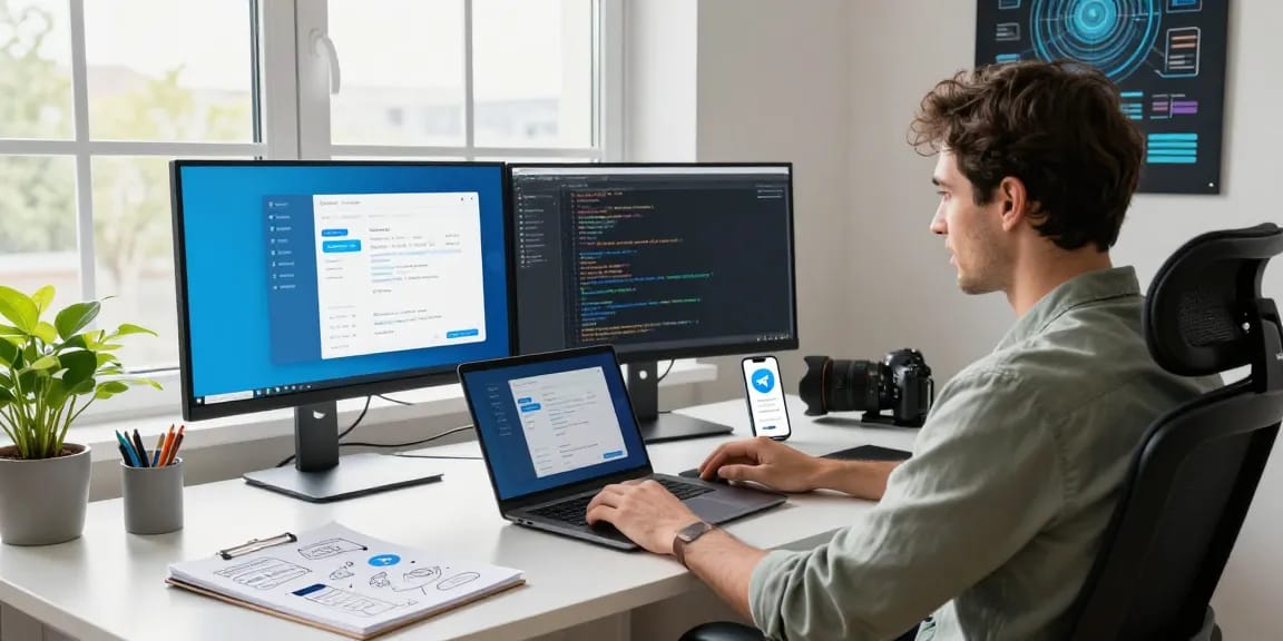 Developer using Telegram下载 on dual monitors in a modern workspace, reflecting a productive tech environment.