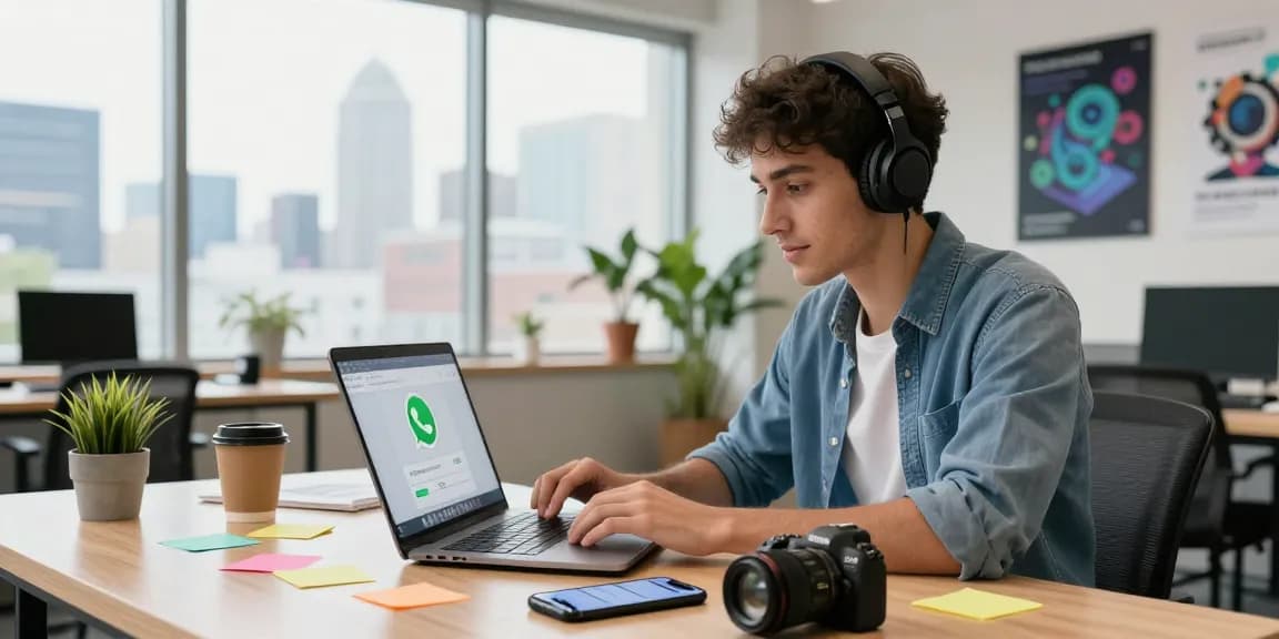 Using WhatsApp網頁版 on a laptop in a modern workspace with coffee and notifications