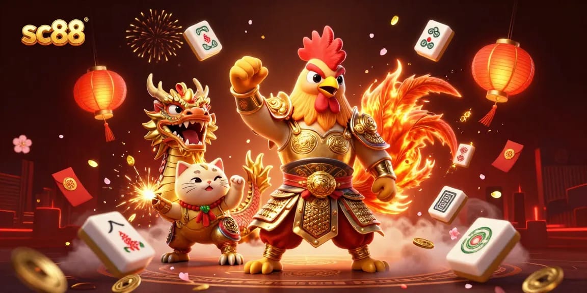 Experience thrilling moments at sc88 with a fighting rooster warrior amid vibrant casino elements.
