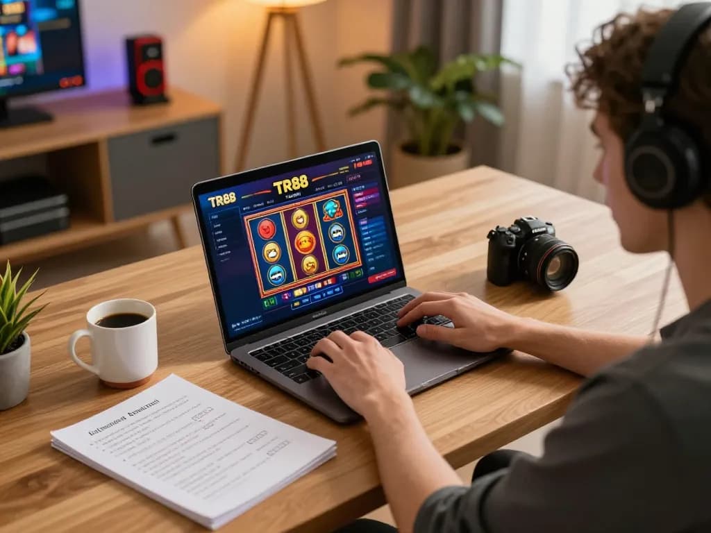 Player engaging in online gaming at TR88 com with laptop and strategy notes in cozy home office