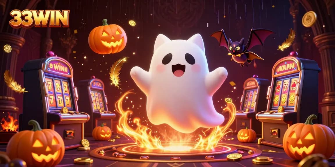 Engage with 33WIN's vibrant casino atmosphere featuring a friendly ghost cat and vampire bat amidst swirling gaming elements.