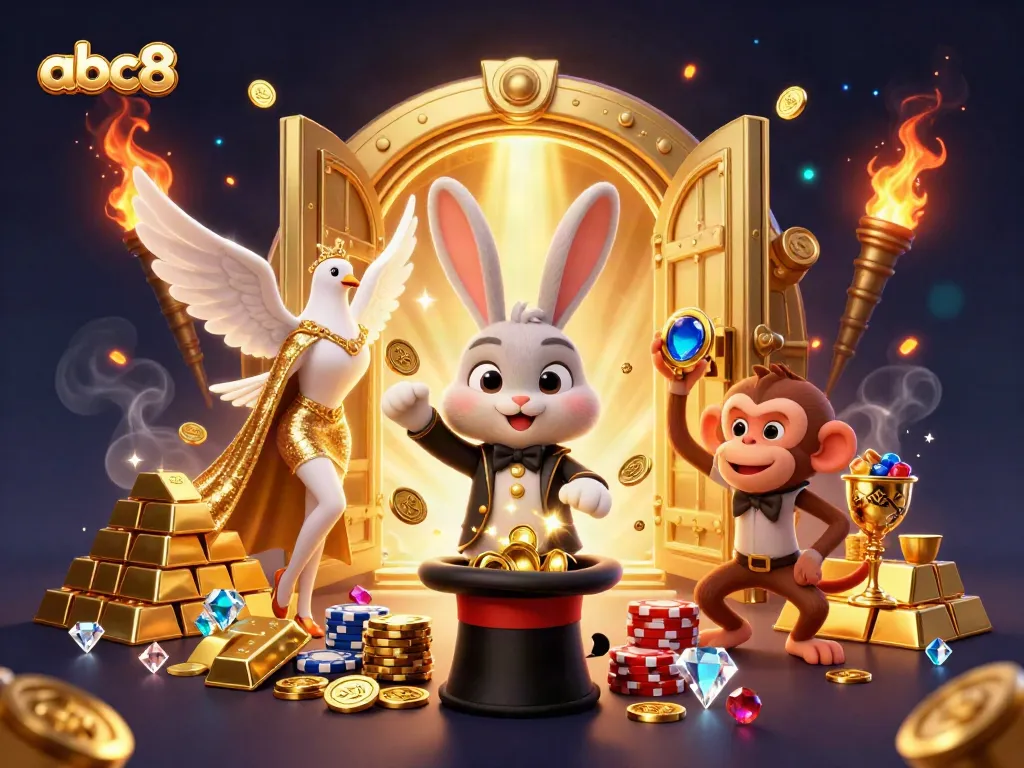 Experience the thrill of gambling with abc8's magical rabbit pulling coins and a monkey stealing chips in a dynamic casino scene.