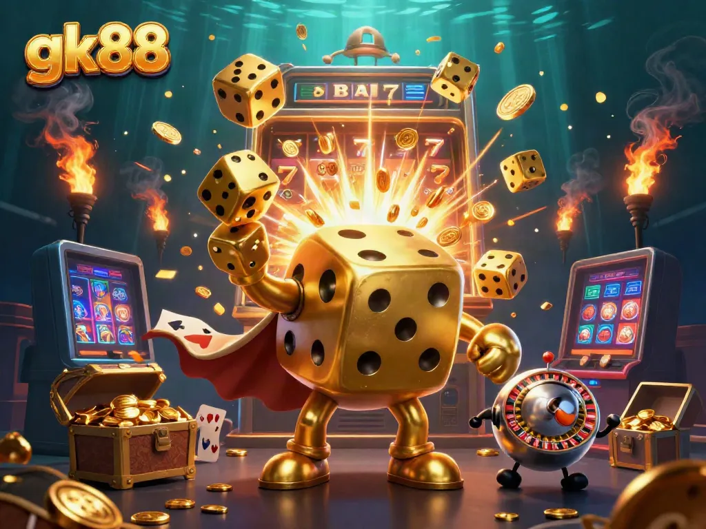 Experience thrilling wins at GK88 with a vibrant, colorful casino scene featuring a golden dice golem and exciting gaming elements.