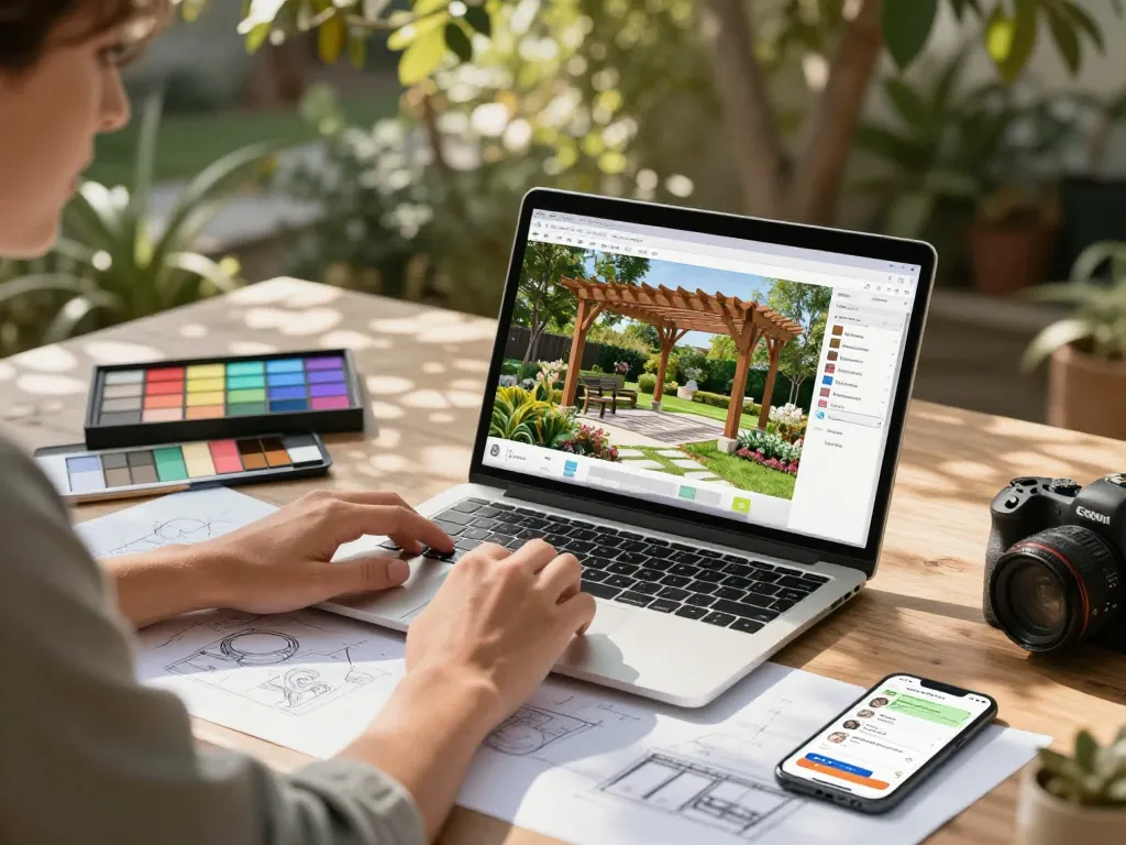 Pergola Sales Software showcased in a designer's hands visualizing a stunning outdoor pergola.