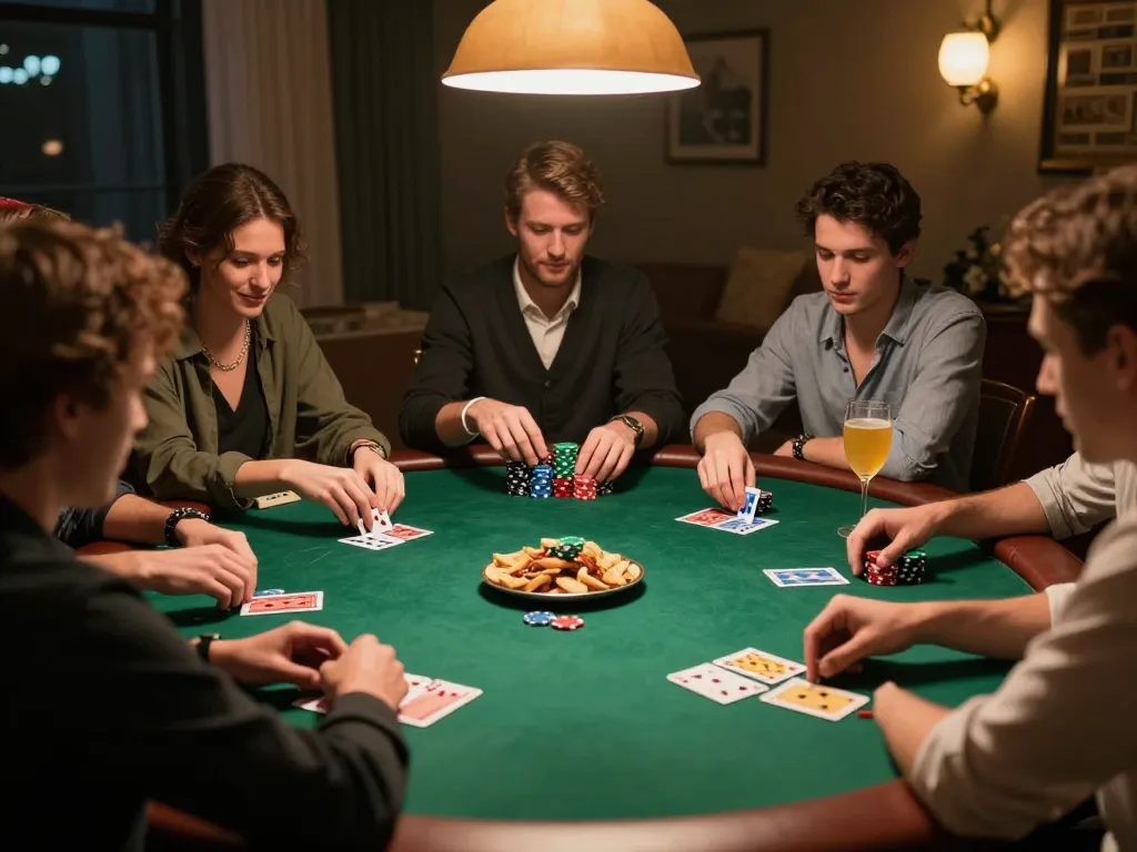 Sky88co players strategizing during a thrilling home poker game, vibrant atmosphere