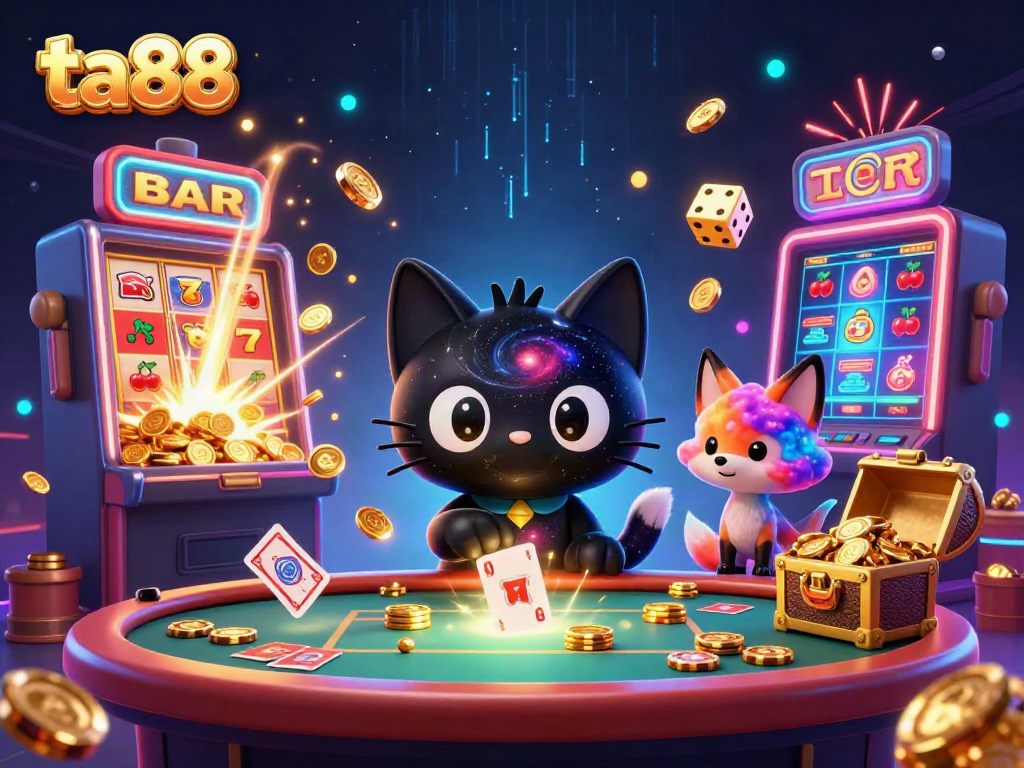 Experience the excitement of ta88 with a cosmic cat and colorful fox at a dynamic casino table.
