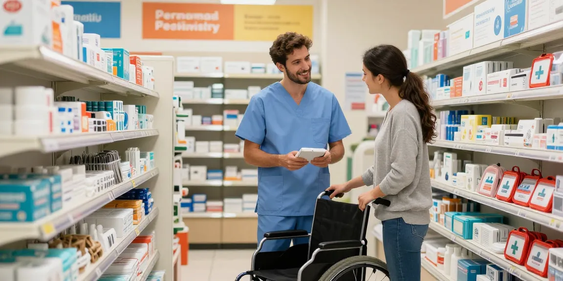 Healthcare professional assisting a caregiver with medical supply near me, showcasing diverse equipment in a bright local store.