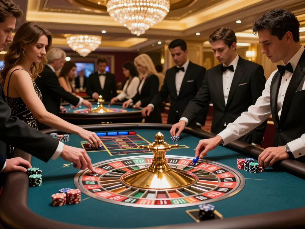 Players placing bets at roulette tables on 888bgo, showcasing excitement and luxury atmosphere.