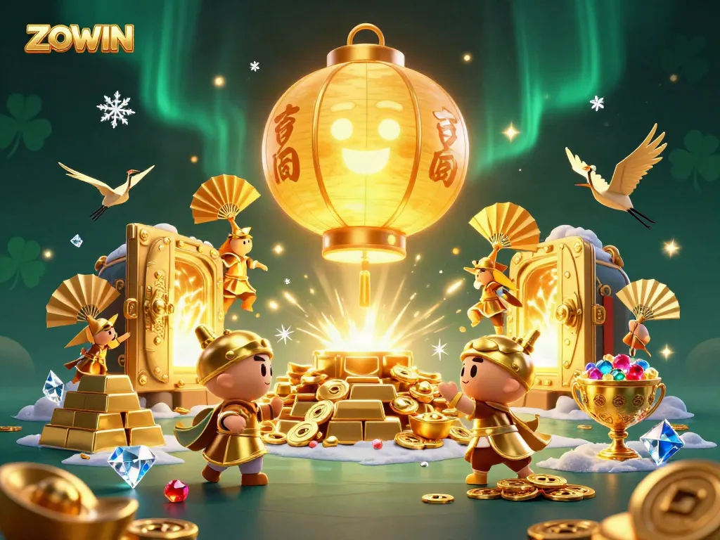 ZOWIN casino illustration featuring a glowing lantern spirit amidst golden treasures and lucky symbols