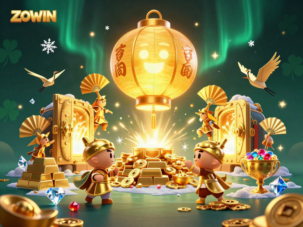 ZOWIN casino illustration featuring a glowing lantern spirit amidst golden treasures and lucky symbols