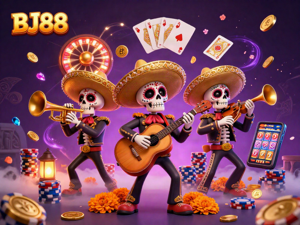 BJ88 casino excitement with a vibrant mariachi band, sparkling coins, and dynamic game elements.