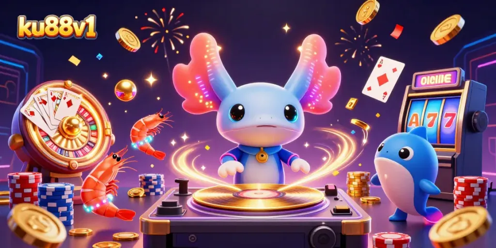 ku88v1 highlights the vibrant casino energy with a neon axolotl DJ spinning records and lavish winnings.