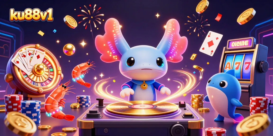 ku88v1 highlights the vibrant casino energy with a neon axolotl DJ spinning records and lavish winnings.