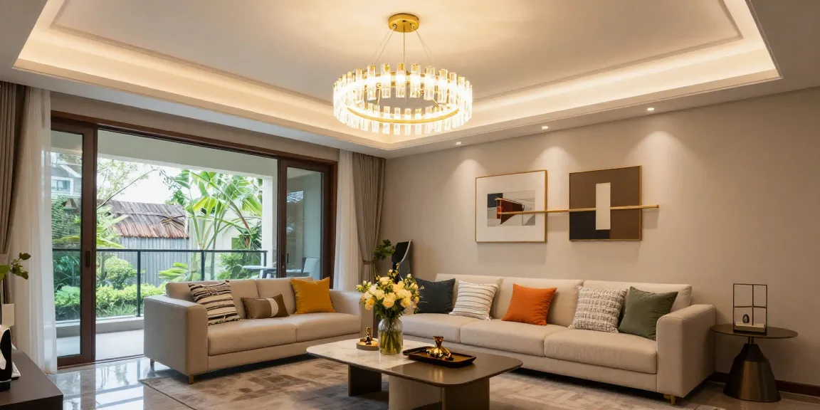 Candelabru living elegant în sufragerie modernă cu decor sofisticat.