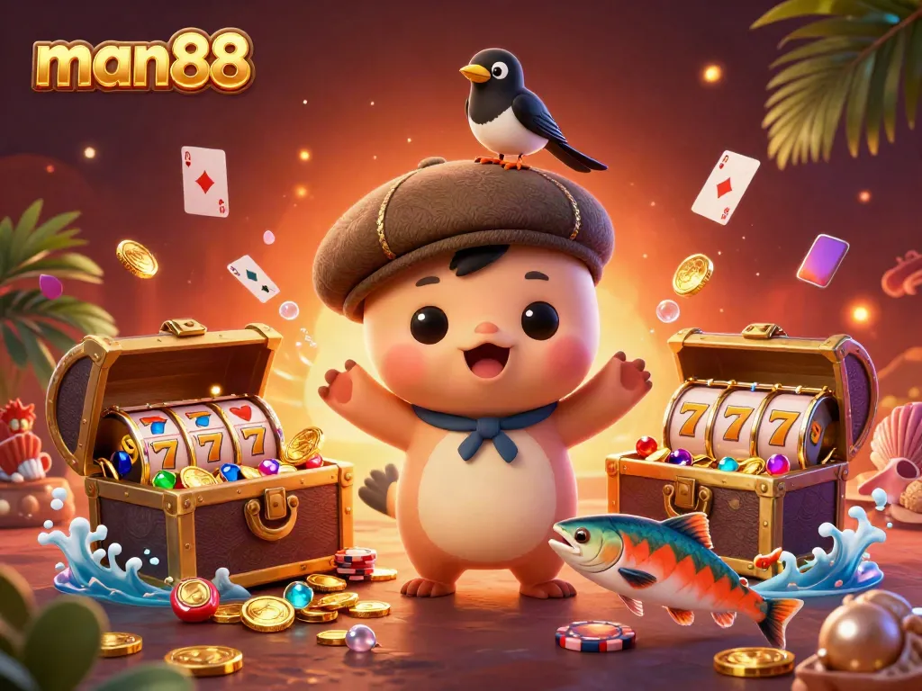 Experience thrilling casino action with man88 in a vibrant 3D illustration showcasing playful characters and exciting game elements.