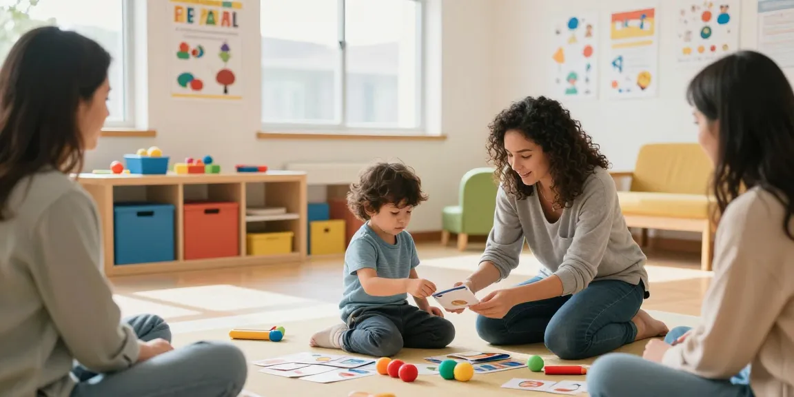 Progressive ABA Burlington therapy session with therapist and child, visual aids in a bright therapy room.