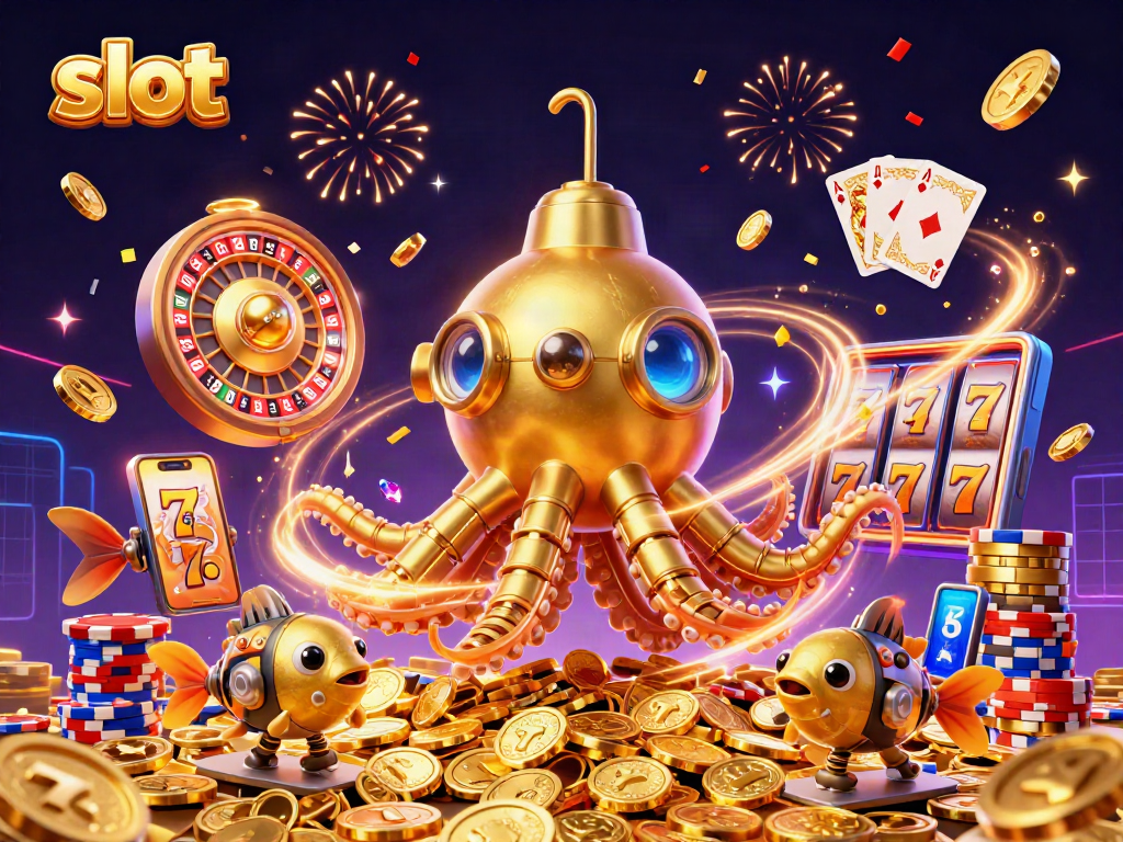 Engage in slot gaming action with a vibrant kraken submarine amidst golden coins.
