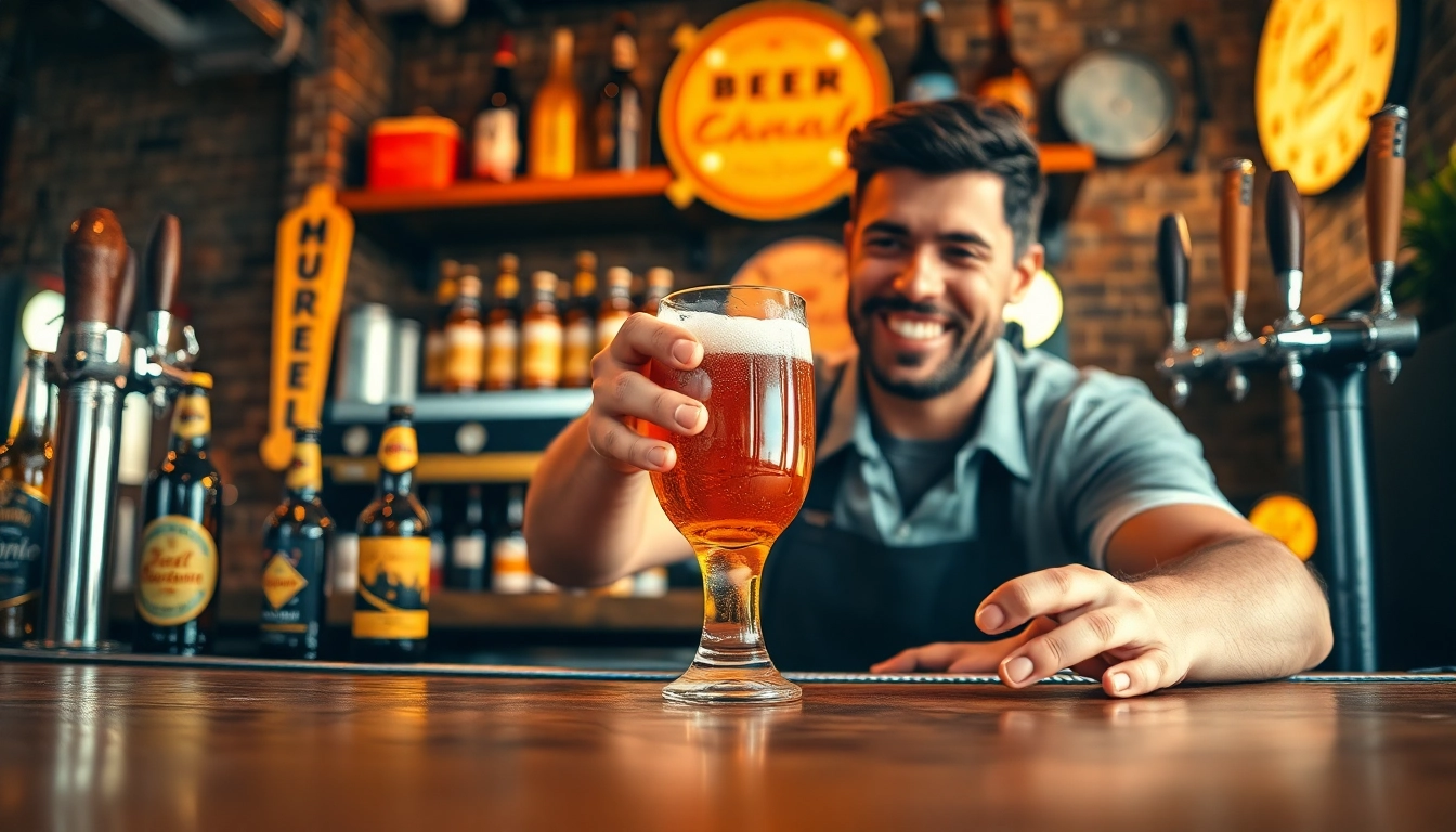 Enjoying beer delivery Toronto with a bartender pouring craft beer at a vibrant bar.