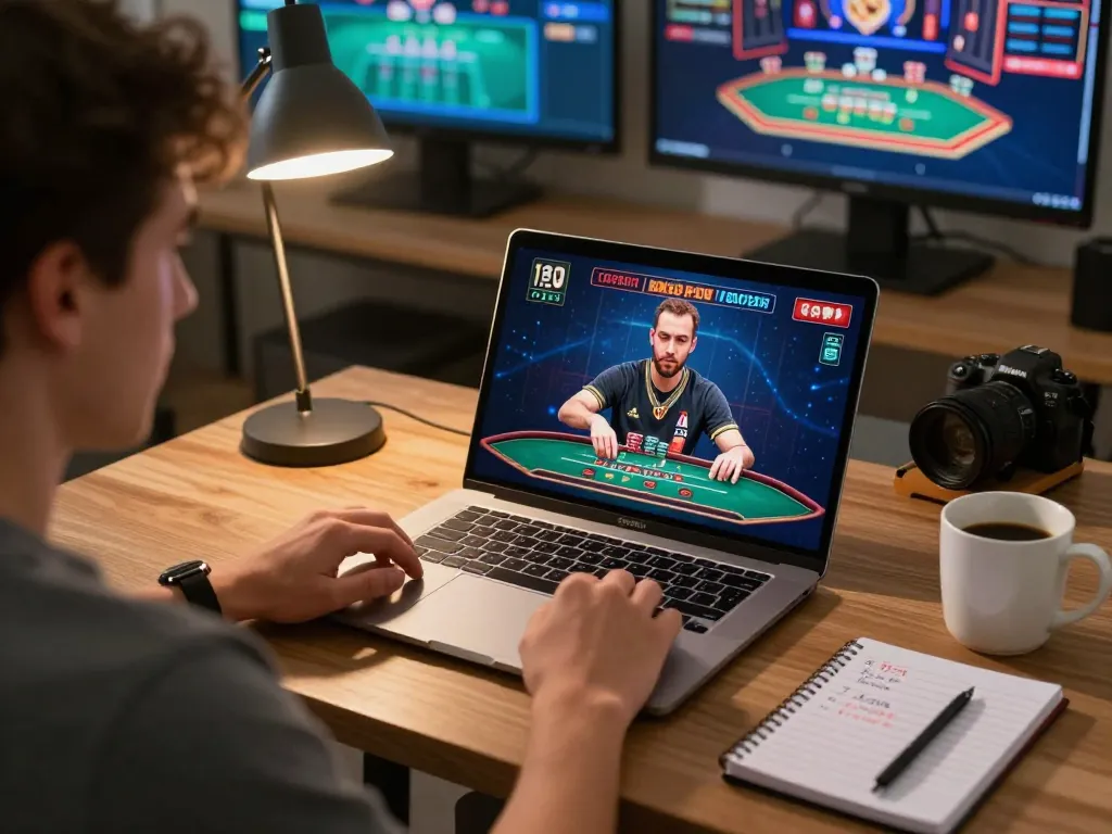 Player calculating odds at home while enjoying max88 blackjack, showcasing strategic online gaming.