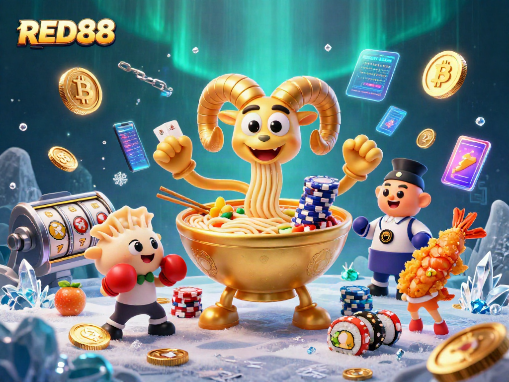 RED88 casino scene featuring vibrant characters and slot elements, showcasing dynamic gambling energy.