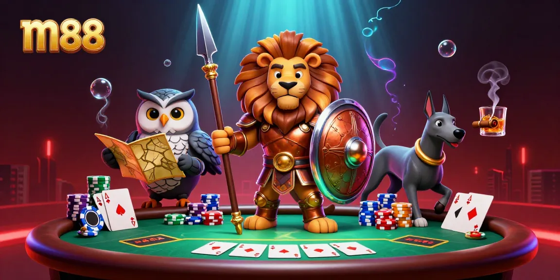 Engage in exciting m88 poker action with a heroic lion, wise owl, and swift greyhound.