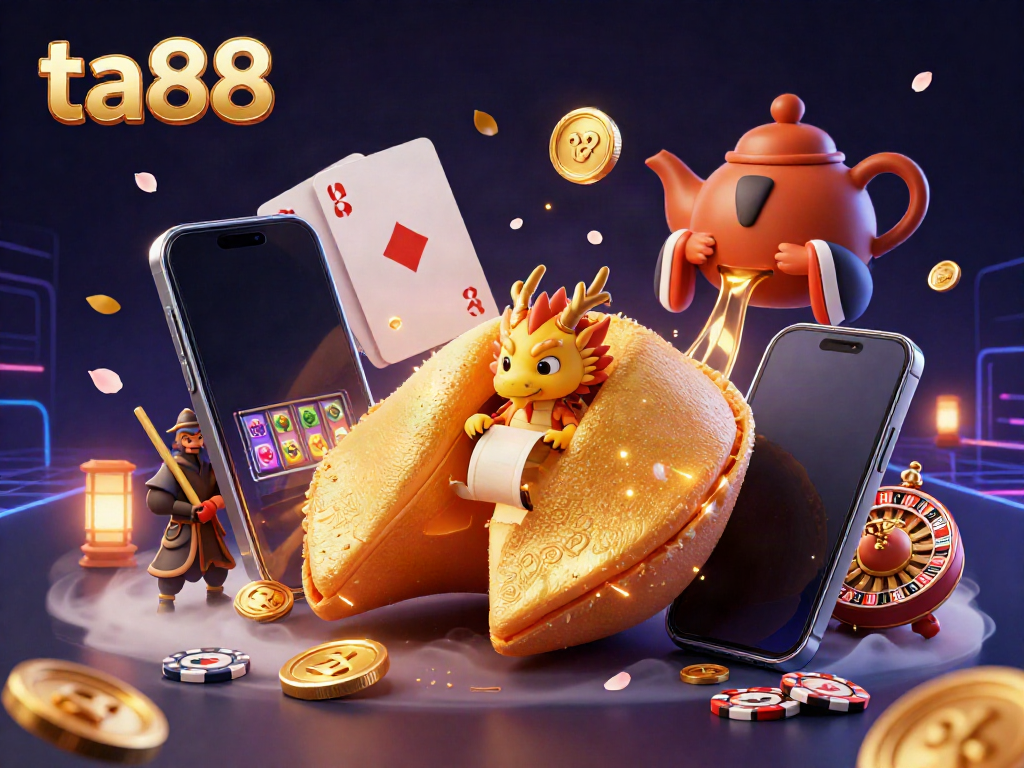 Engage with ta88's dynamic casino scene featuring a giant fortune cookie, wise dragon, and slot game excitement.