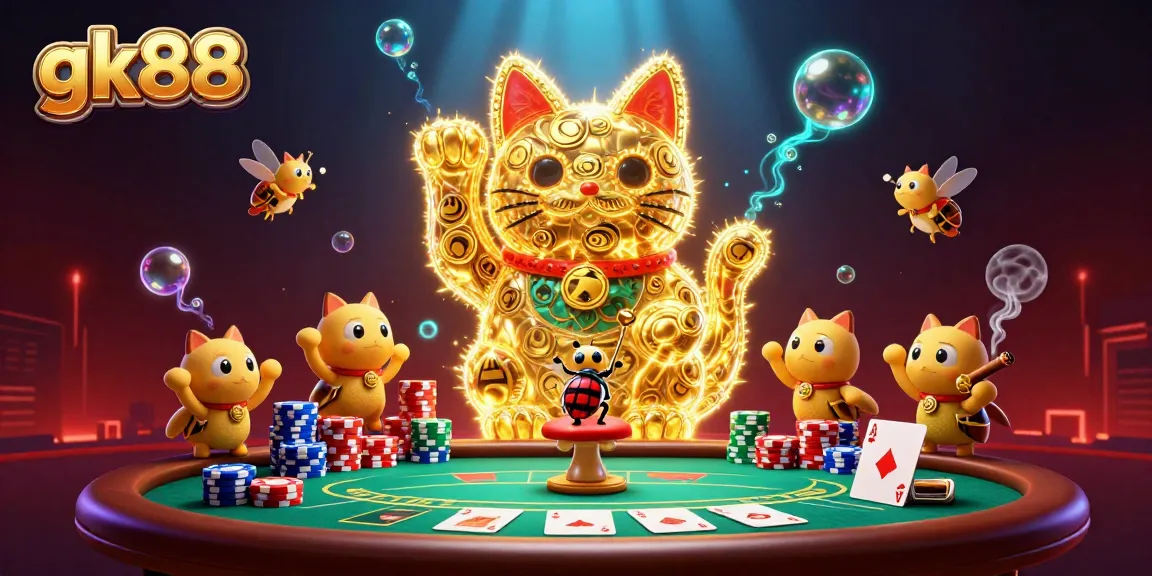 Experience gk88's vibrant casino world with golden elements and an enchanting lucky cat!