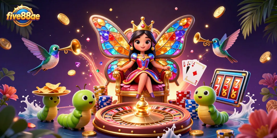 Experience the vibrant five88ae gaming scene with the butterfly queen and dazzling casino elements.