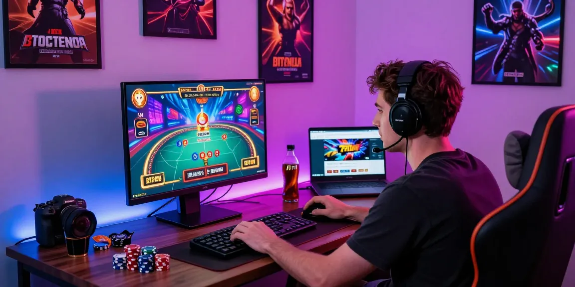 Engaging gaming scene featuring a player on https://79club.dev/, immersed in live casino action with vibrant graphics and gaming accessories.