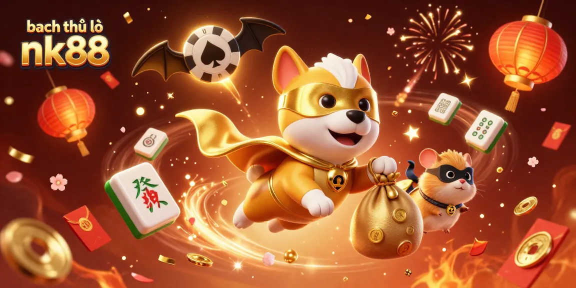 Baccarat adventure in bạch thủ lô nk88 with a superhero dog flying, coins scattering in a vibrant casino scene
