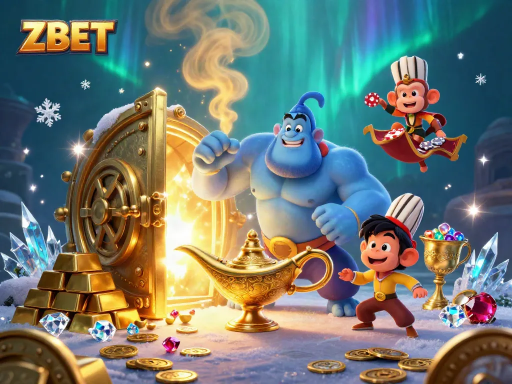 ZBET's exciting casino adventure with a genie, monkey, and poker chips gleaming in vibrant treasure