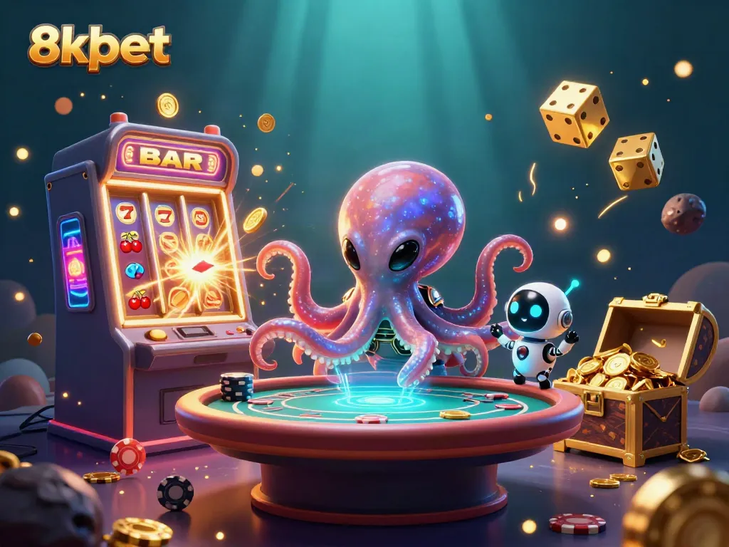 Engage in thrilling casino adventures at 8xbet with an alien octopus and vibrant gaming elements.