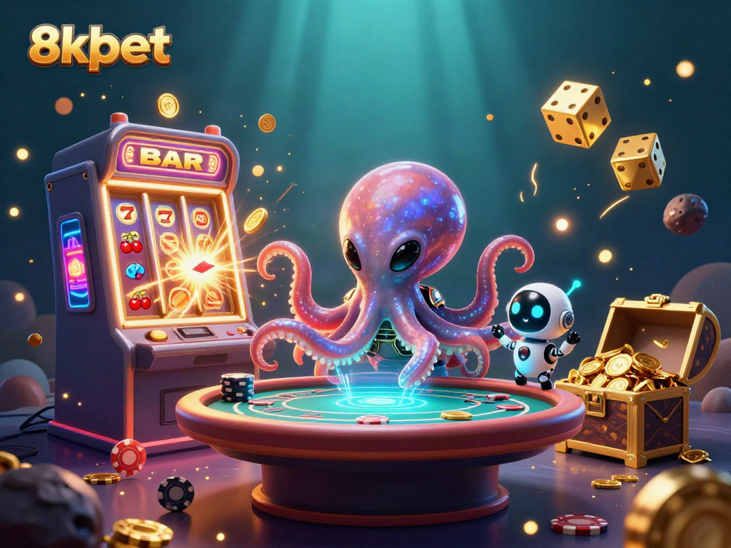 Engage in thrilling casino adventures at 8xbet with an alien octopus and vibrant gaming elements.