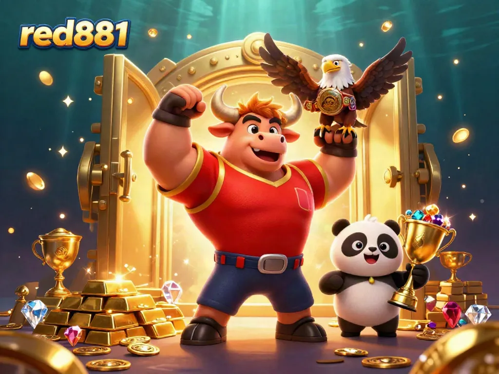 Experience the thrill of red881 with a muscular bull mascot in a celebratory pose, showcasing immense joy and iconic casino elements.