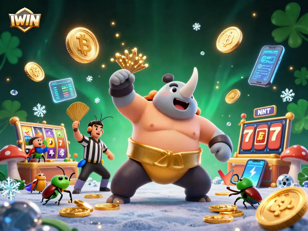 IWIN champions soar in a colorful casino scene featuring golden coins and slot reels.