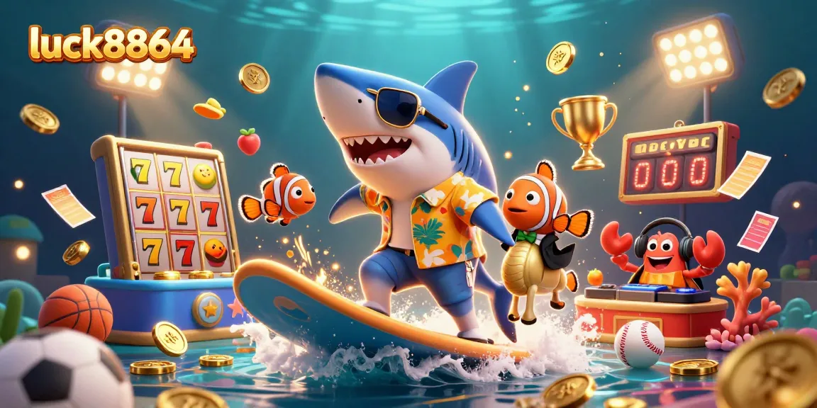 Experience the thrill of luck8864 with a vibrant 3D casino scene featuring playful sea creatures and rich gaming elements.