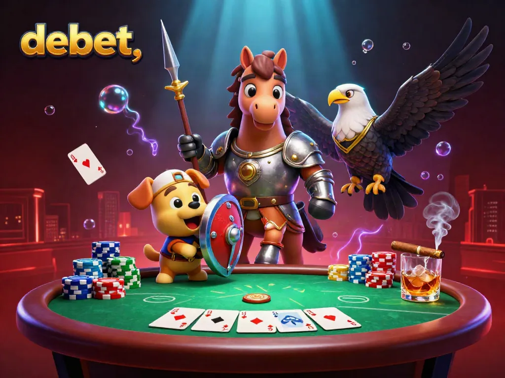 Experience the thrill of debet with a knight and puppy at a casino poker table illuminating the fun.