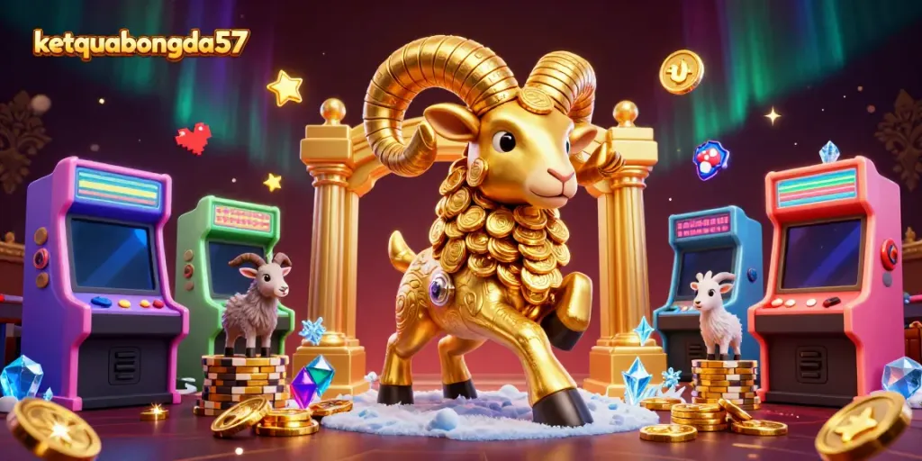 Ketquabongda57 showcases a vibrant 3D illustration featuring a golden ram amidst a dynamic casino atmosphere.