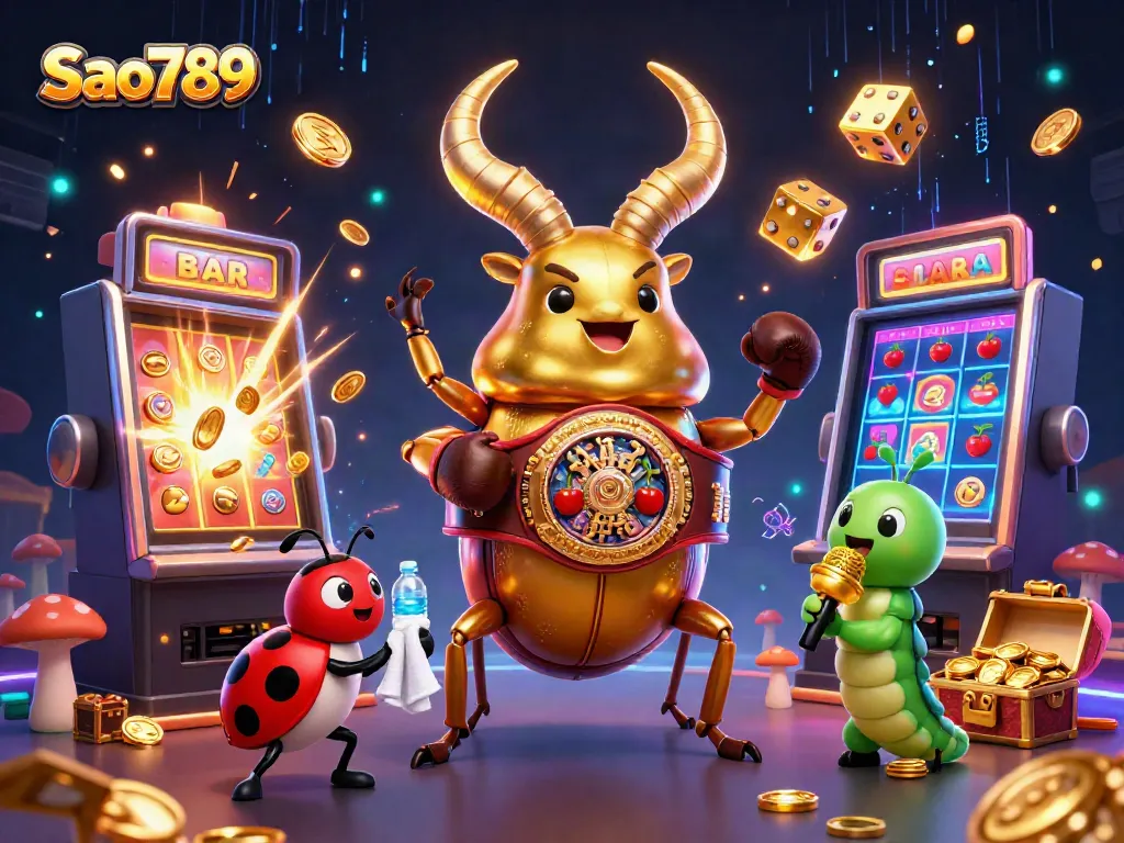Sao789 brings excitement with a giant stag beetle and ladybug in a dynamic casino scene featuring jackpots and glowing elements.